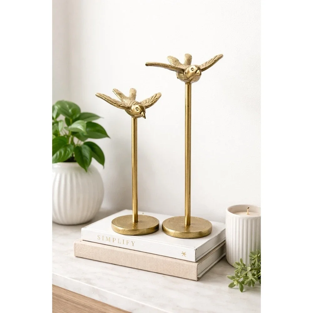Pier 1 Gold Bird Statues Set of 2 Tall Pedestal Birds Modern Glam Decor